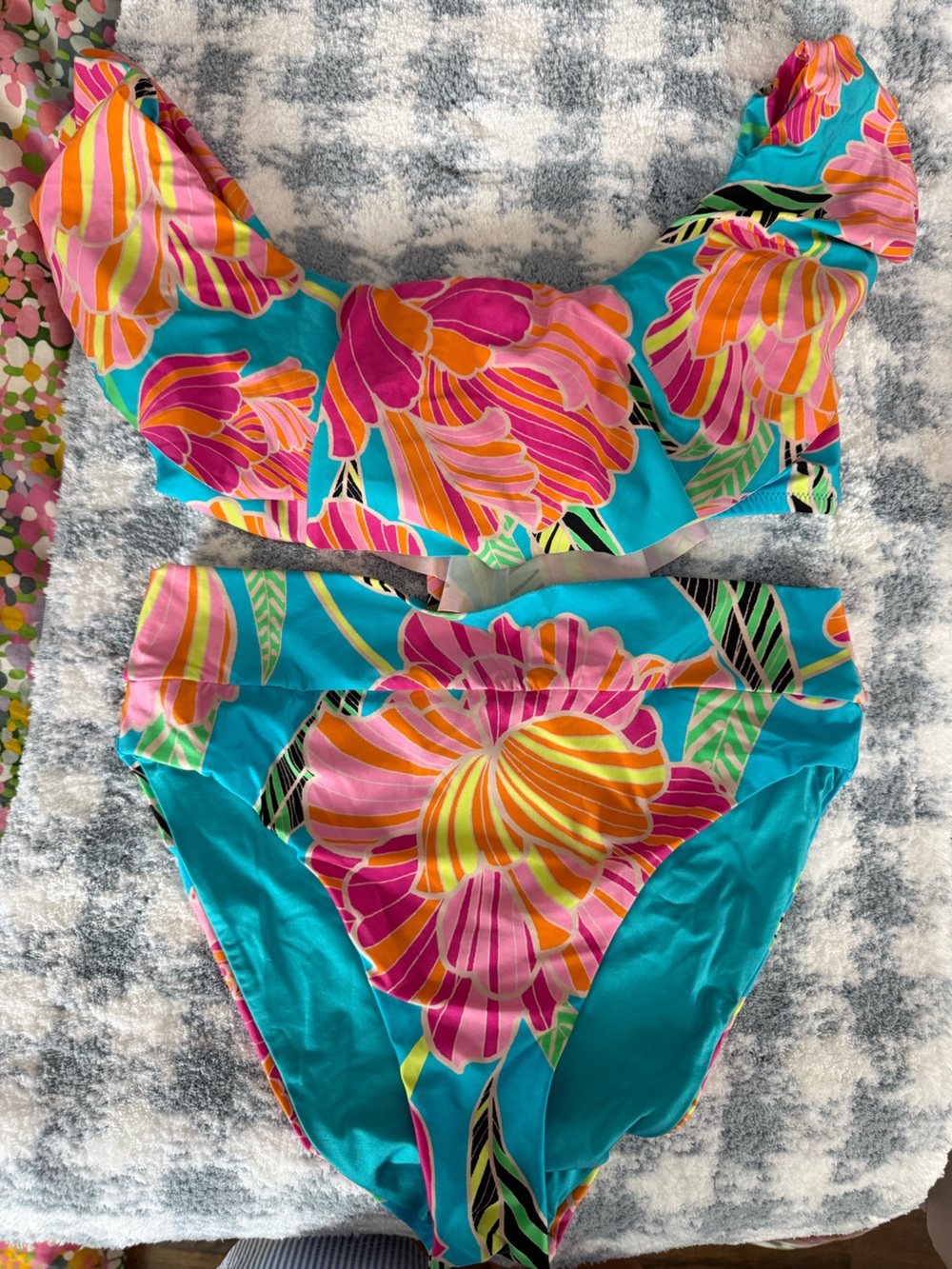 Trina Turk - women’s  Floral Turquoise Bikini Bottoms - Bright Pink & Orange